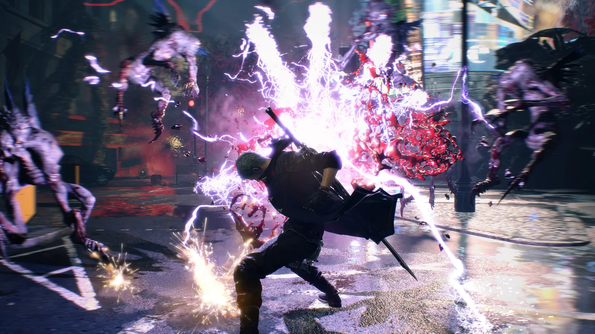 Official Devil May Cry 5 Steam battle screenshot used beside the short controlled test instructions