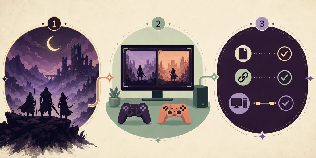 Editorial concept diagram showing Elden Ring Nightreign silhouettes, two separate PC game windows, controllers, and connection and save checkpoints