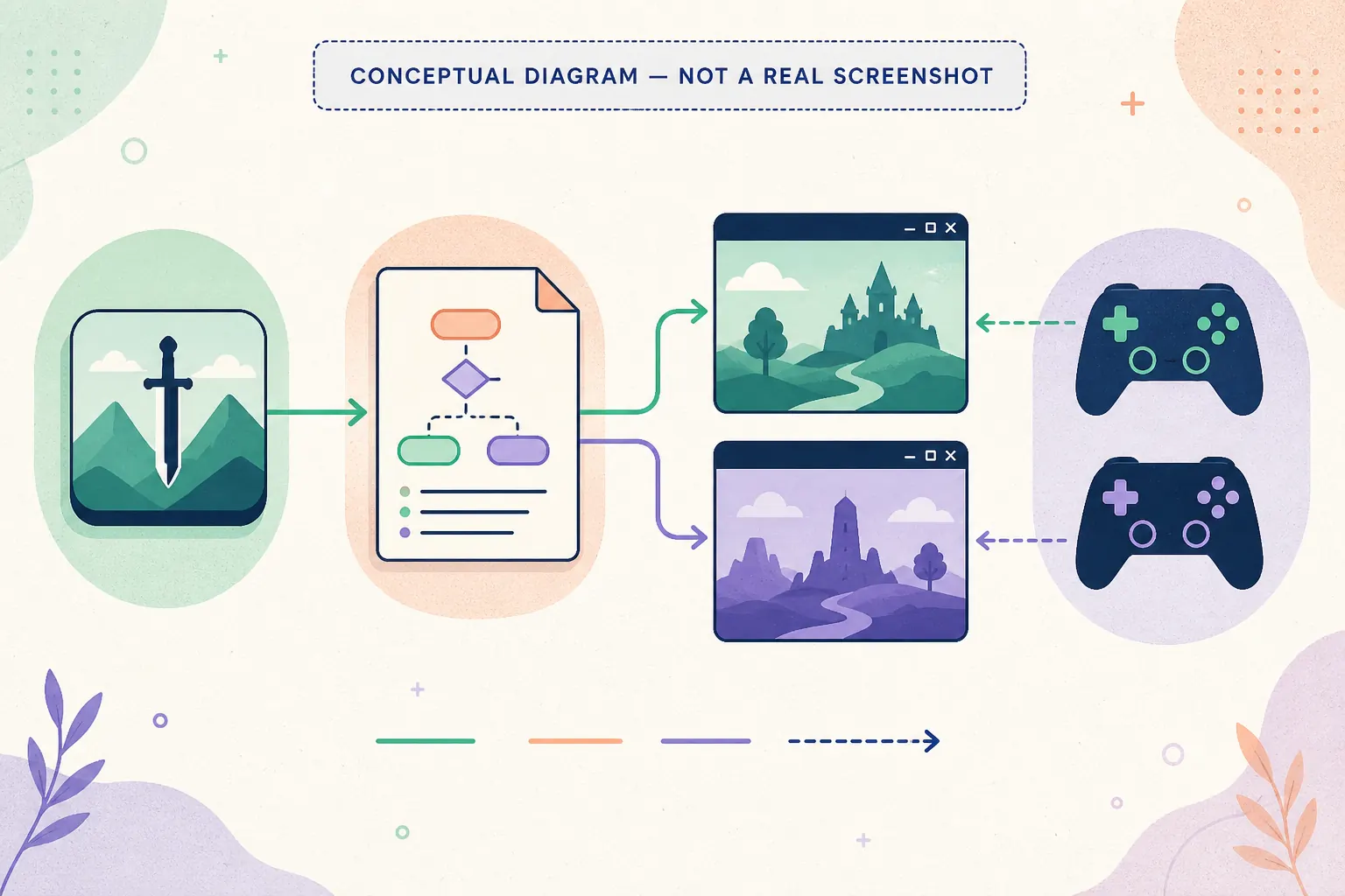 Conceptual diagram showing a game, handler notes, two game instances, and separate controllers