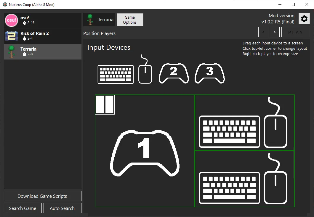 Official Nucleus Co-op Alpha 8 Mod screenshot showing input devices and player screen layout