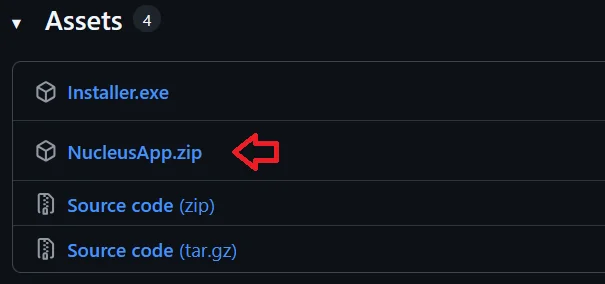 Official GitHub release screenshot showing Installer.exe, NucleusApp.zip, and source archives