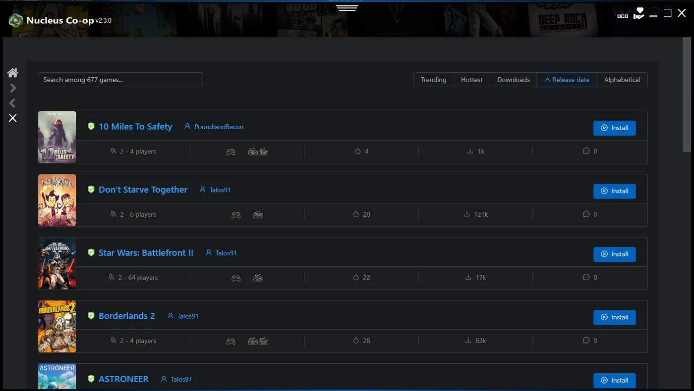 Official Nucleus Co-op v2.3.0 interface screenshot showing the supported-game browser and Install buttons